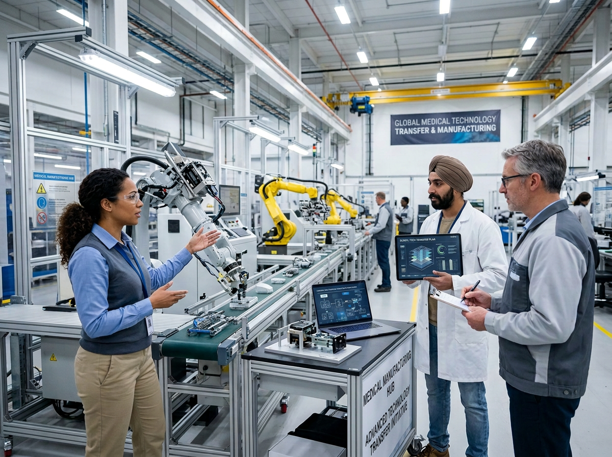 Engineers beside robotic assembly line; signs read “Knowledge Exchange Hub” and “Technology Transfer Initiative.”
